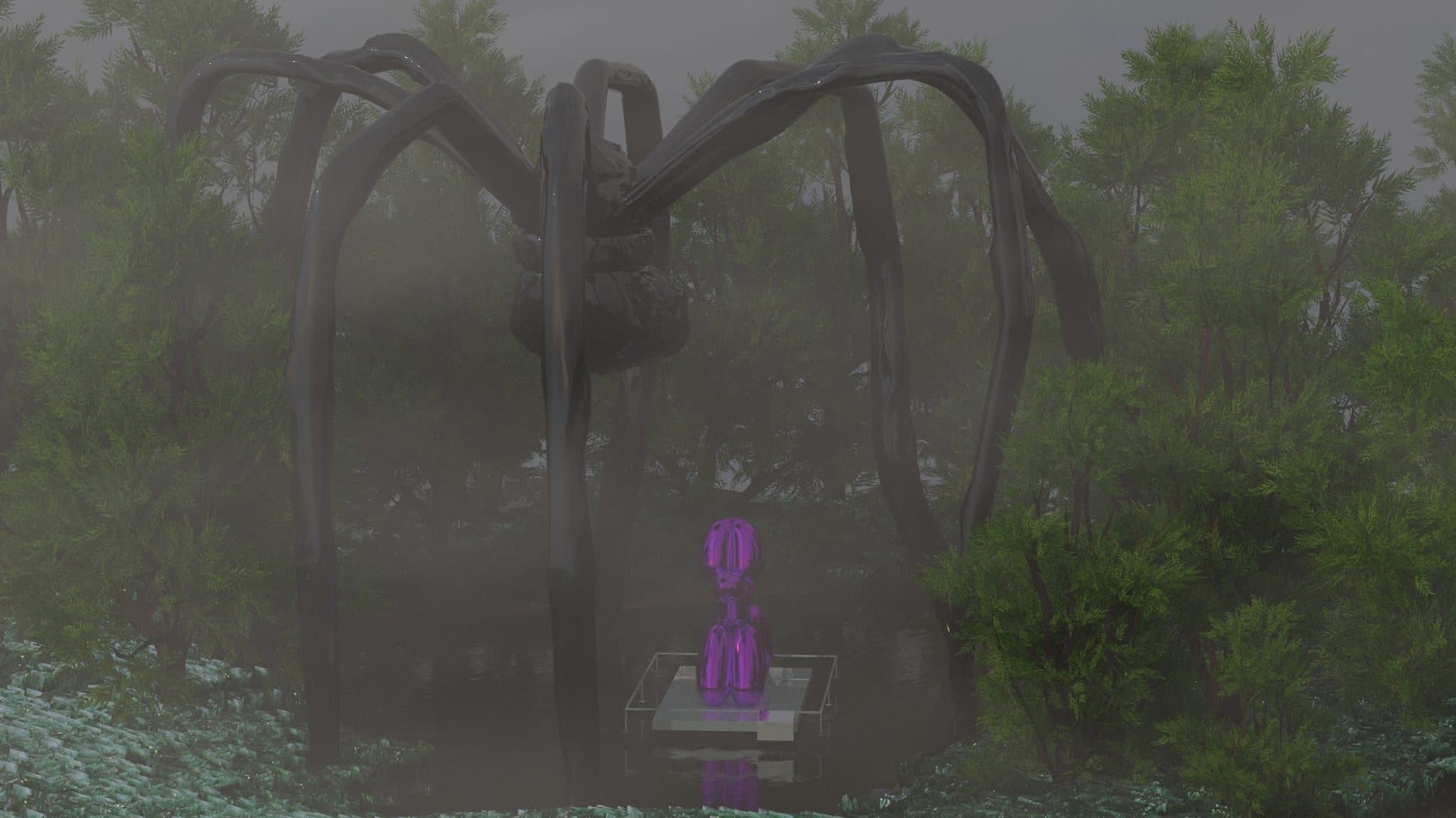  Louise Bourgeois's "Maman" and Jeff Koons's "Balloon Dog" in a forest setting 