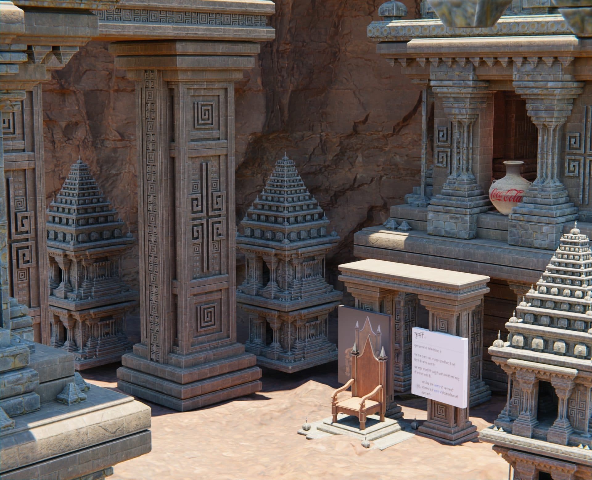 Joseph Kusuth's "One and Three Chairs" and Ai Weiwei's "Han Jar Overpainted with Coca-Cola Logo" in a temple setting. 