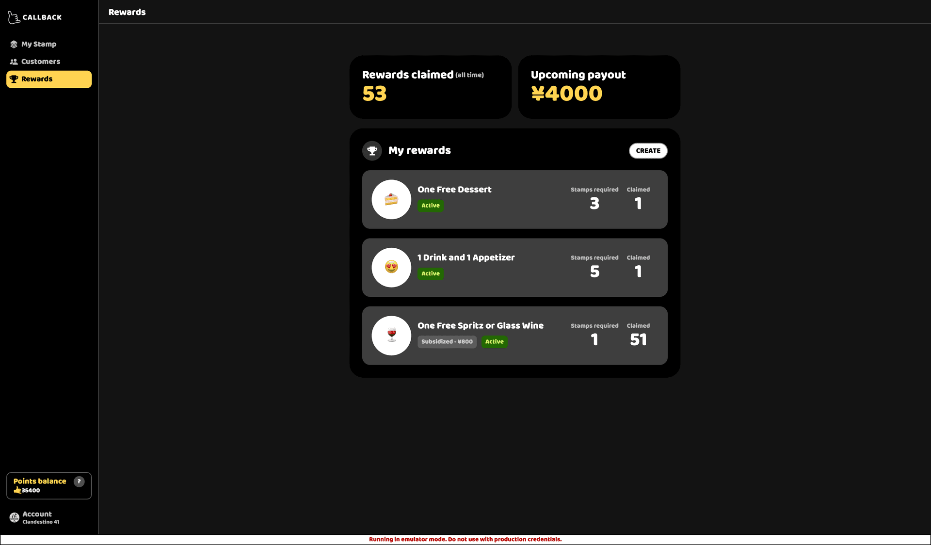 Rewards page in enterprise dashboard