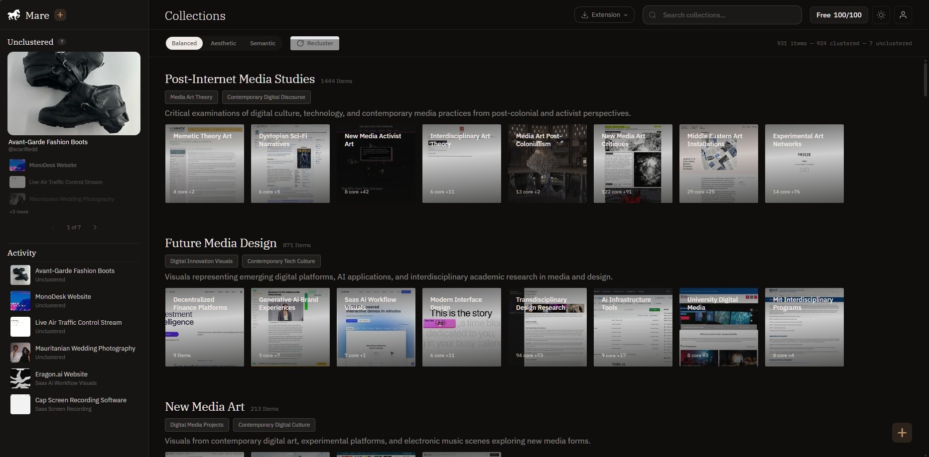 The archive on one page — modes, clusters, and the Unclustered rail.
